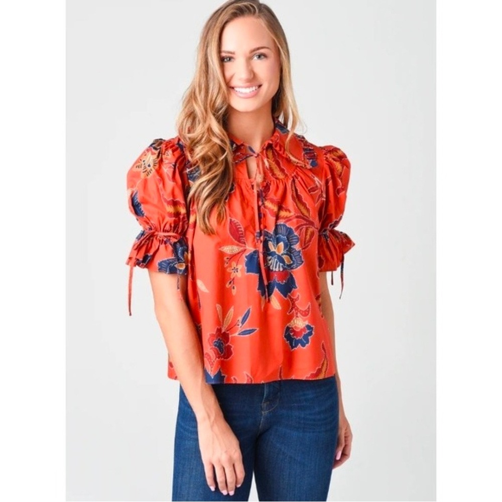 Hunter Bell Mayfair Rust Floral Puff Sleeve Ruffle Top XS 20FT7 Cotton Blouse